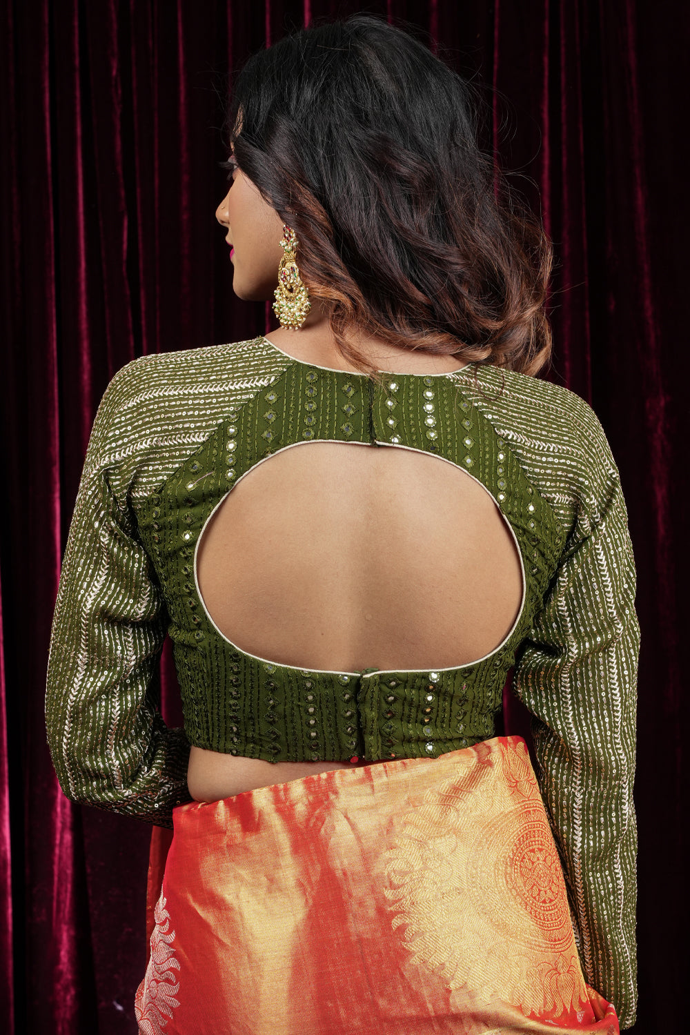 Henna Green chinon raglan three quarter sleeve foil mirror work blouse, Made to Order