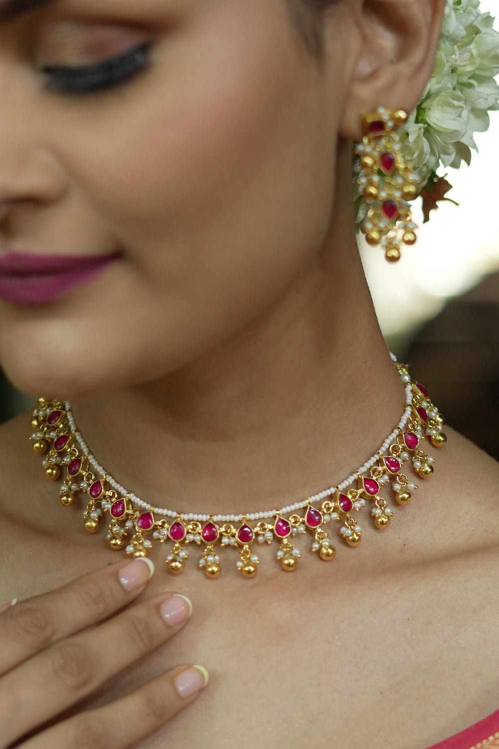 Lightweight Jadau handmade Necklace Set with Dangling Red translucent stones and Matching Earrings