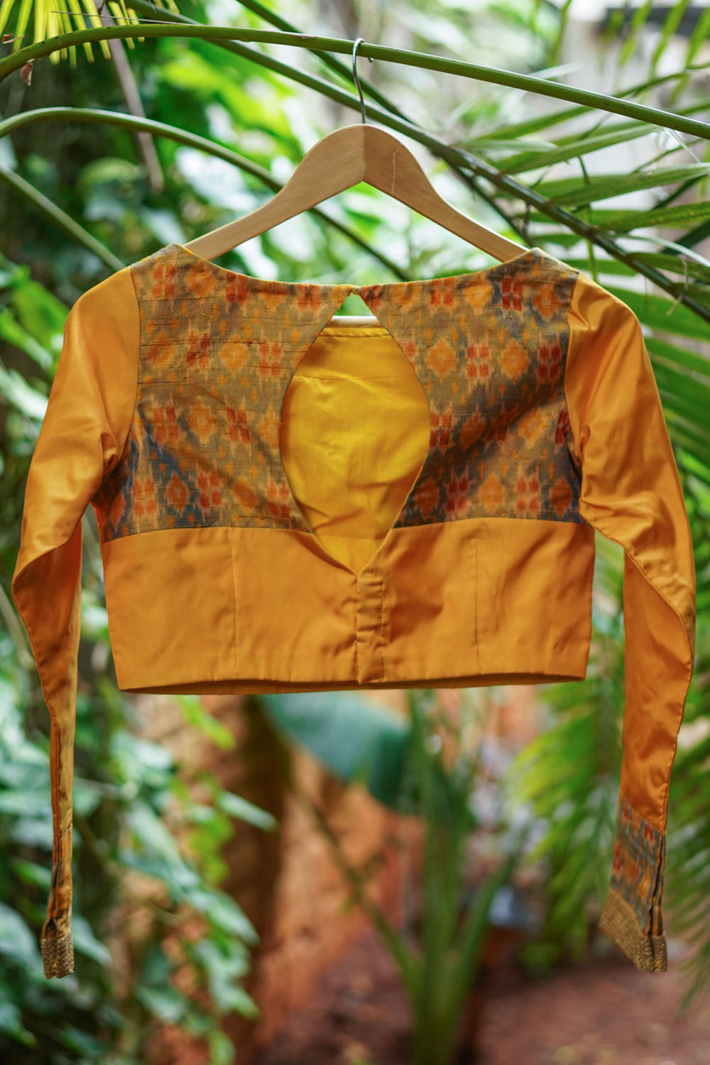 Mustard silk boatneck  blouse with pure rawsilk ikkat yoke