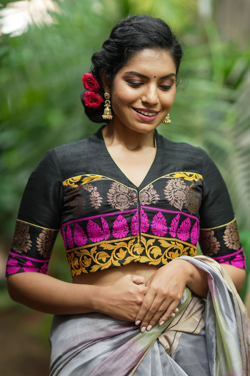 Black Pure Raw Silk with Meenakari Brocade Border V Neck Blouse, Made to Order