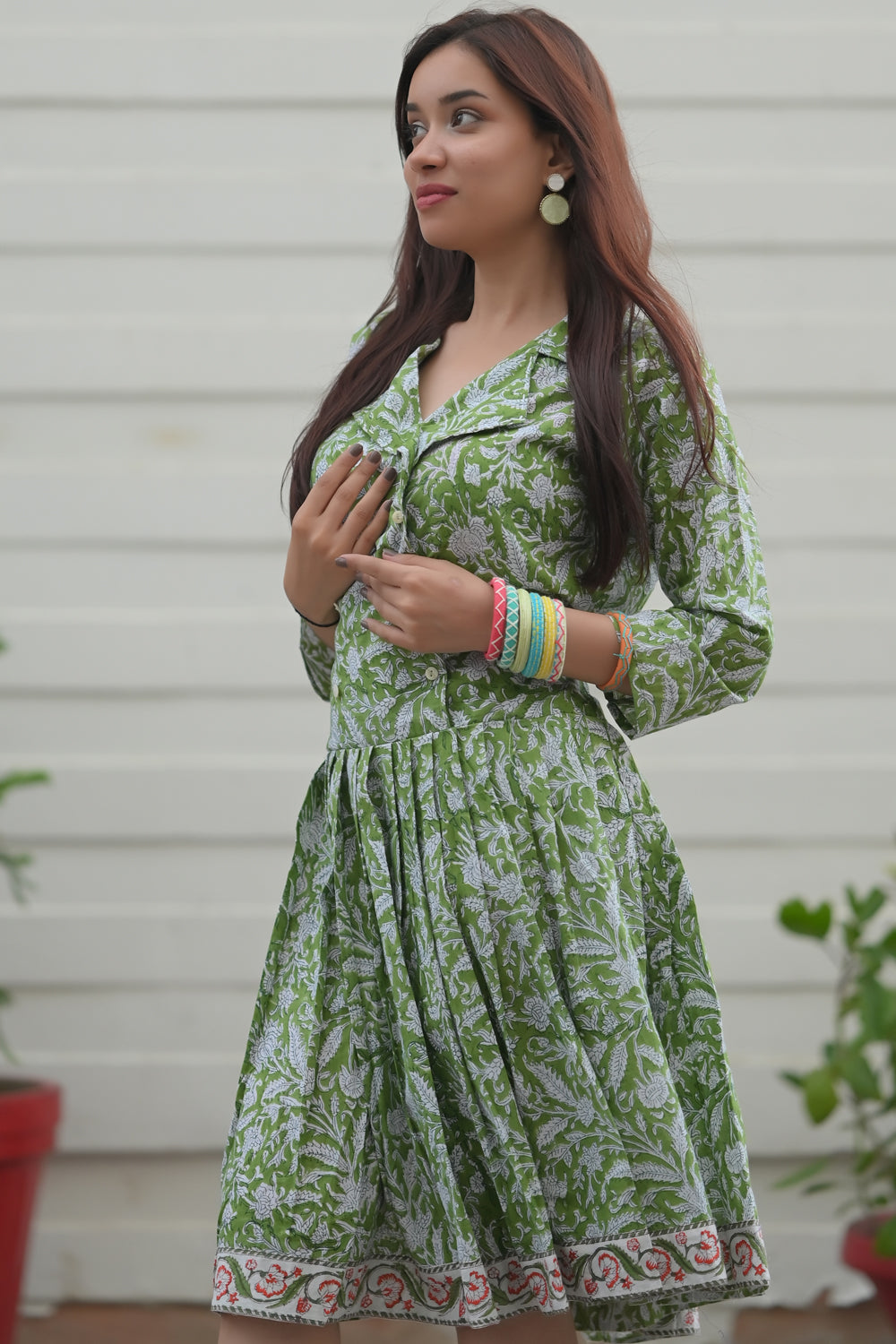 Bahara Brunch Dress in Leaf Green in Handblock printed cotton | Made to order