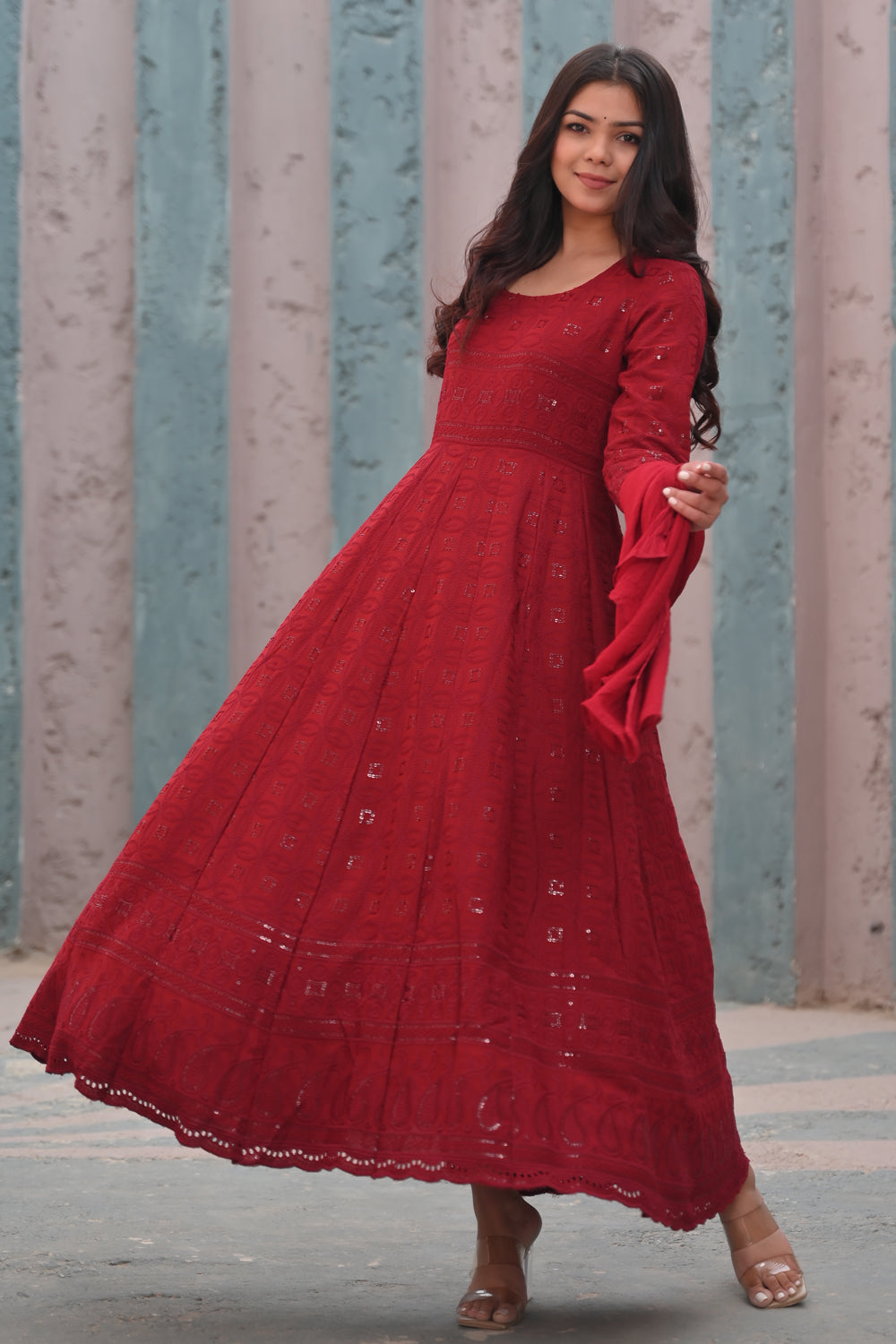 Ruby Chikankari Style Eyelet Anarkali Set in Red 3 Piece Set | Shobitam Made to Order