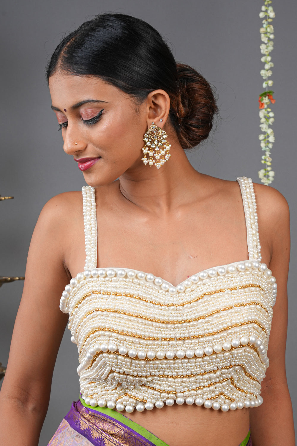 White heavy pearl beaded strappy blouse