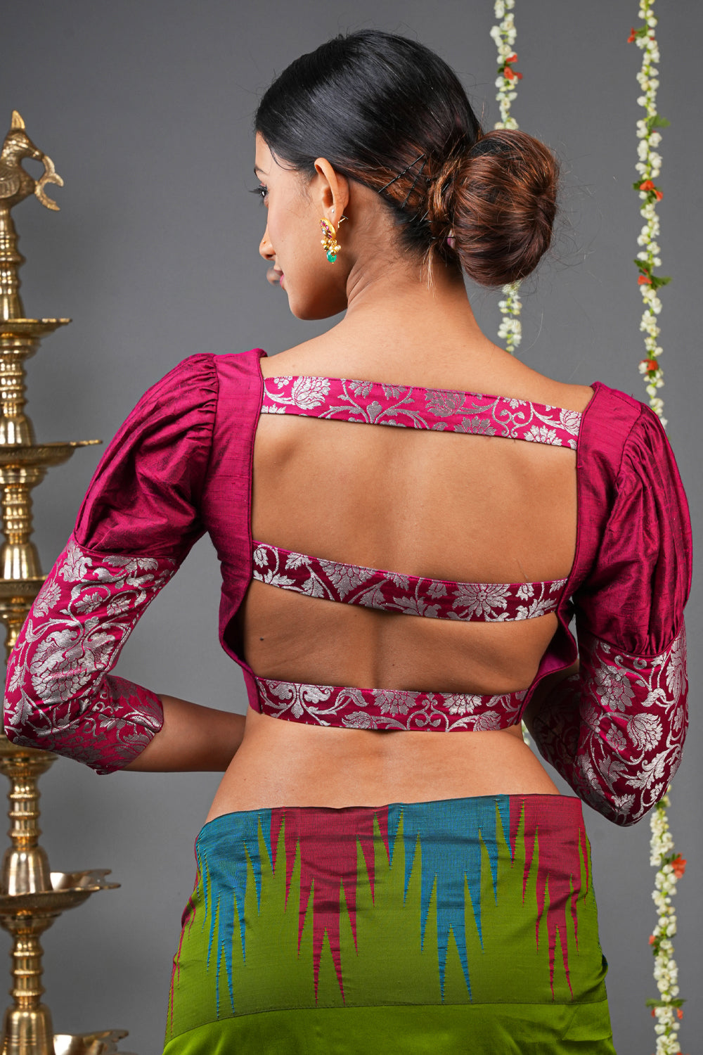 Magenta pure raw silk U neck blouse with puff sleeves and banarasi brocade detailing