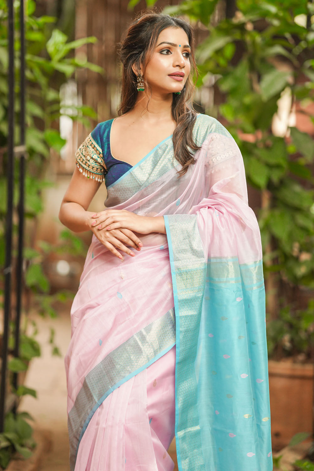 Thistle and  sky blue maheshwari silk cotton saree