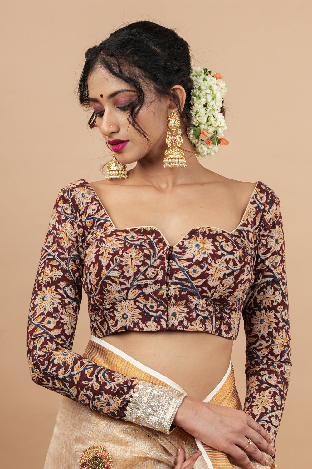 Kalamkari block print blouse with front slit design and full sleeves ,made to order