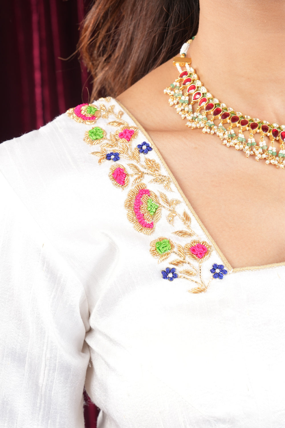 Off White Pure Raw Silk Blouse with multicolor Resham Hand Embroidery
