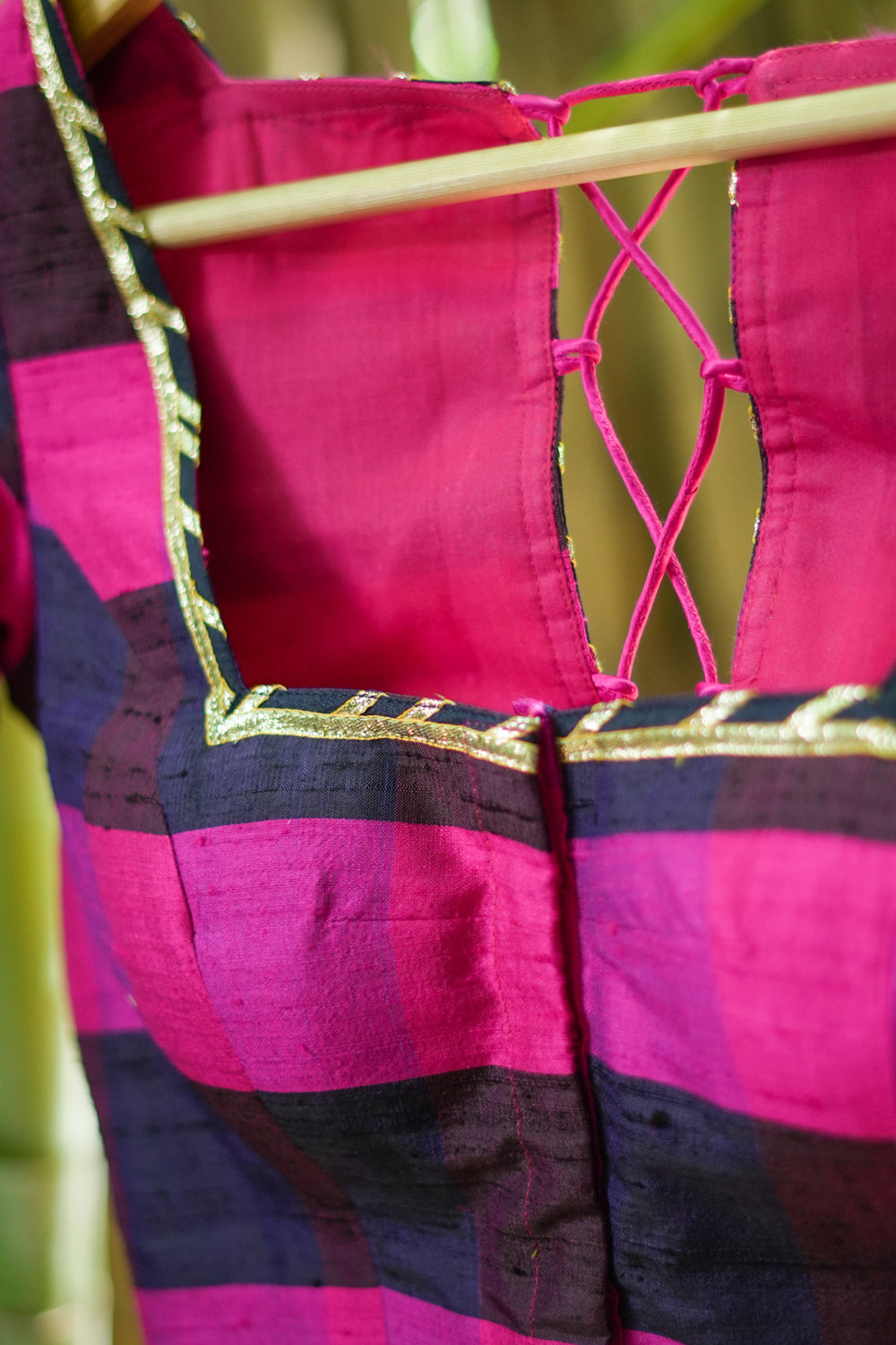 Navy blue, Pink checked Pure rawsilk with crisscross tie