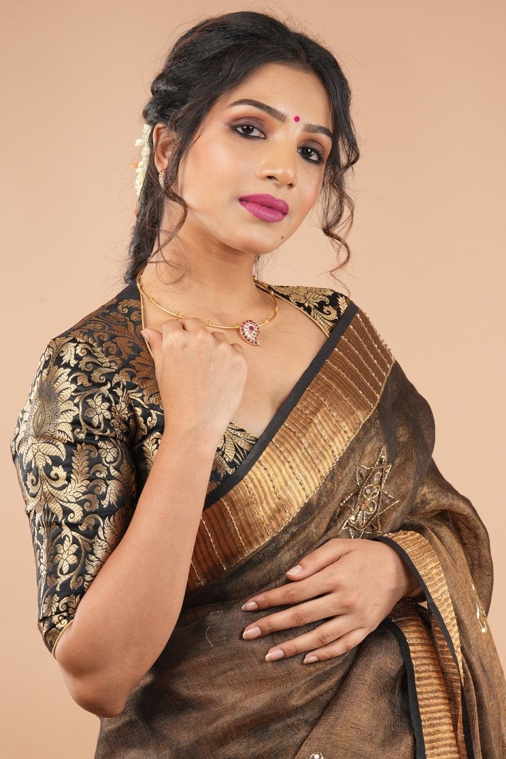 Black Banarasi brocade blouse with pann neck blouse