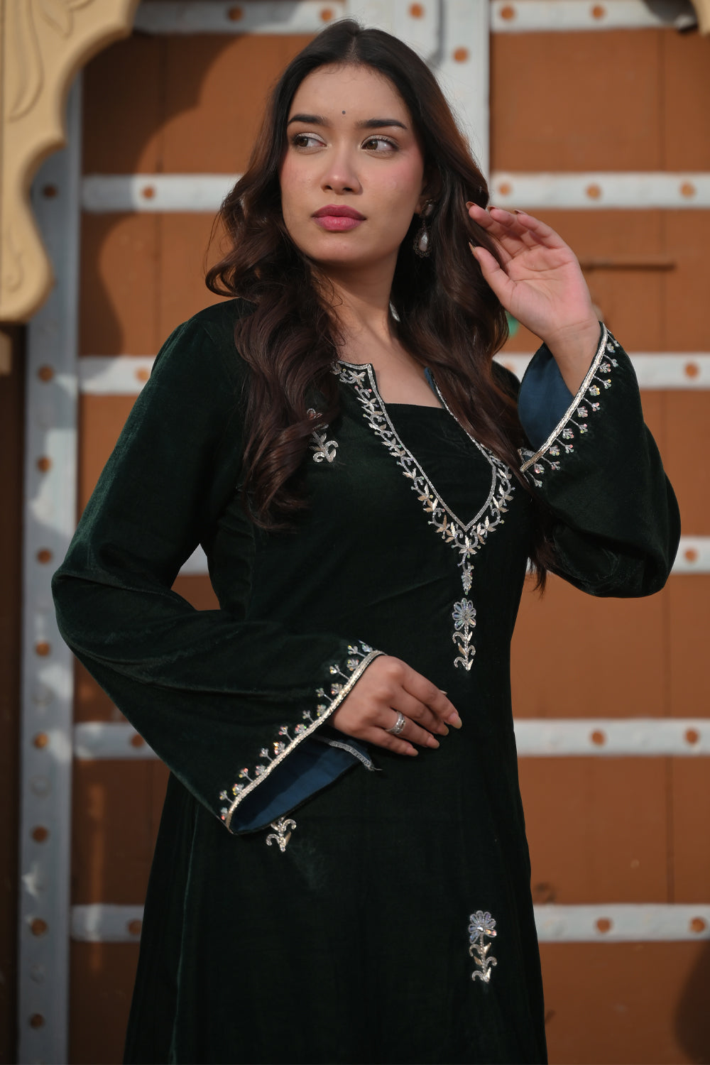 Chandramukhi Velvet Bottle Green Kurta and Organza Skirt Set 3 piece Set | Made To Order