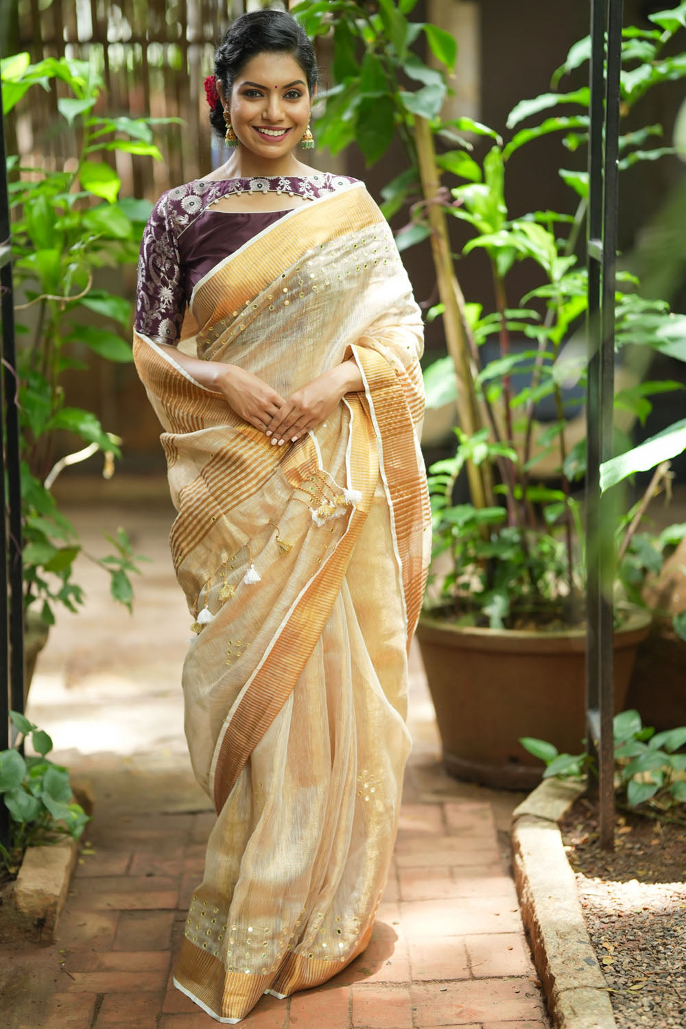 Tan Gold Tissue Linen Saree with light mirror work