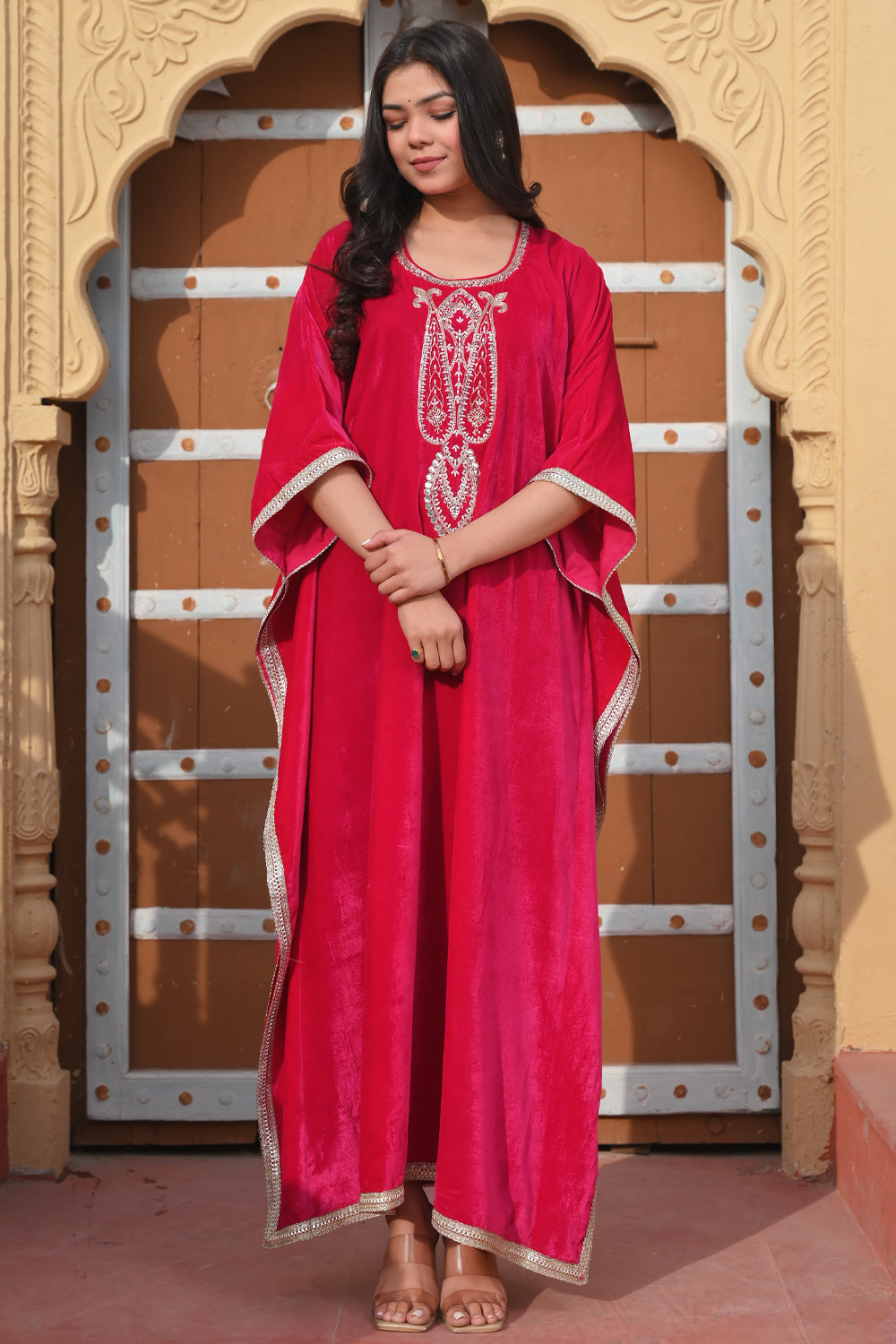 Mumtaz Velvet Kaftan in Rani Pink with Handwork on Yoke | Made To Order