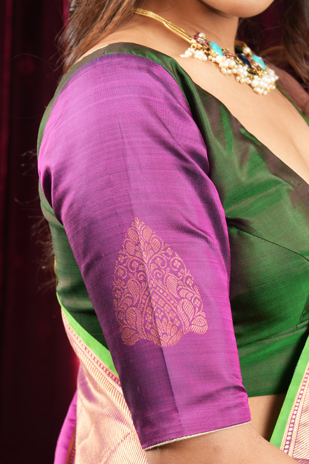 Pure kanjivaram silk blouse with statement vanasingaram zari detailing
