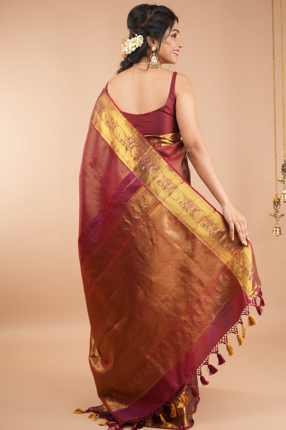 Shimmering Celebrity Special Zari Checks Pure Silk Kanjivaram Pure Silk Saree in Dark red | SILK MARK CERTIFIED
