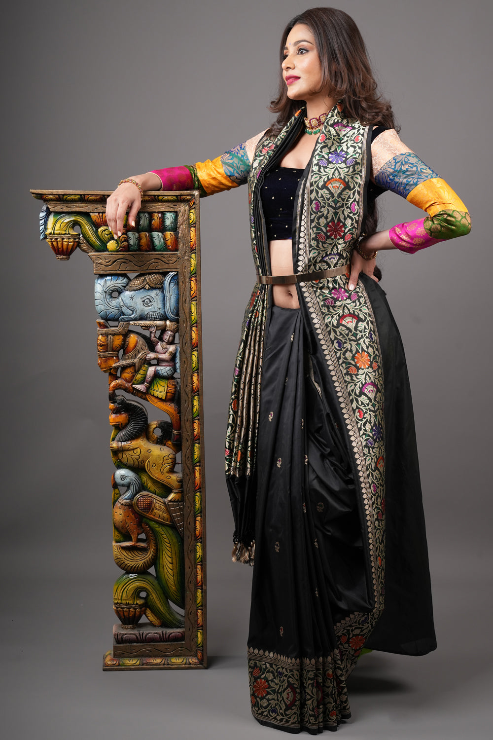 Black Banarasi Katan Silk Saree and Zari Meenakari Floral Border | SILK MARK CERTIFIED