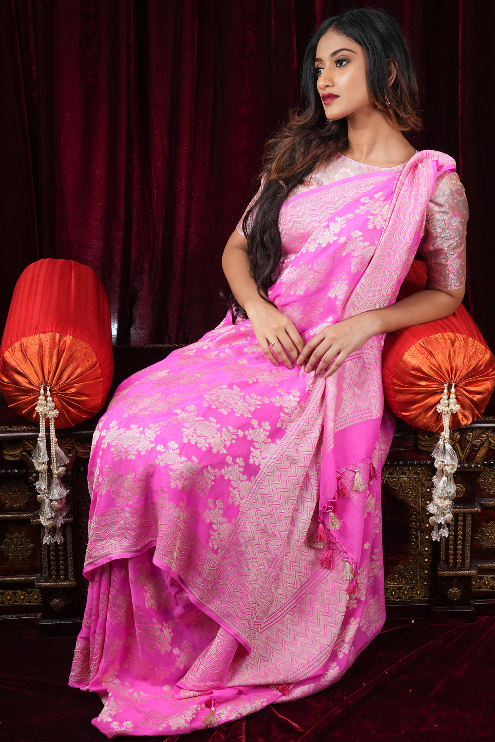 Rose Jaal on Pure Banarasi Silk Georgette Saree in Pink | SILK MARK CERTIFIED