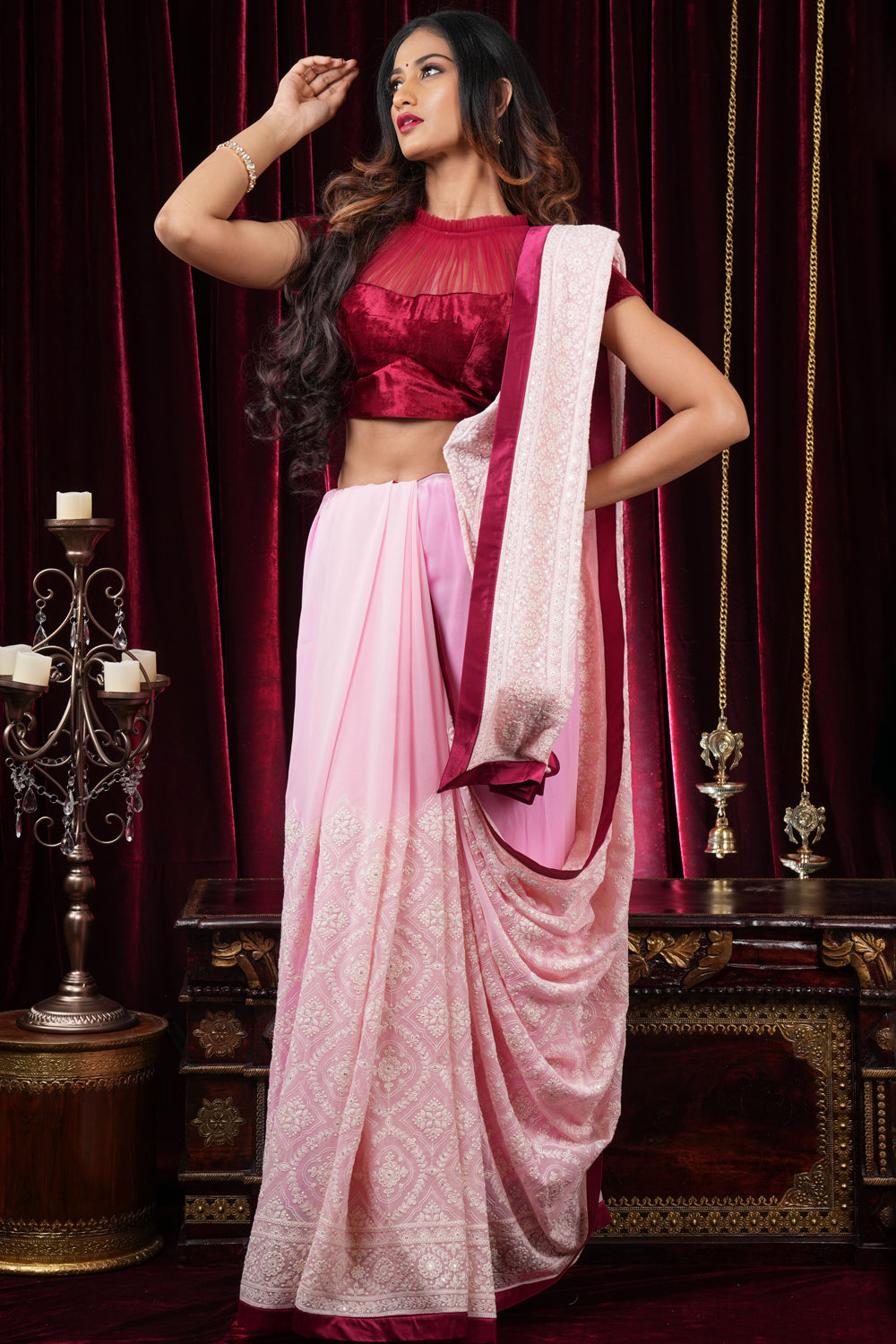 Charming Pink Georgette Saree with Self Embroidery and contrasting Pomegranate satin trim