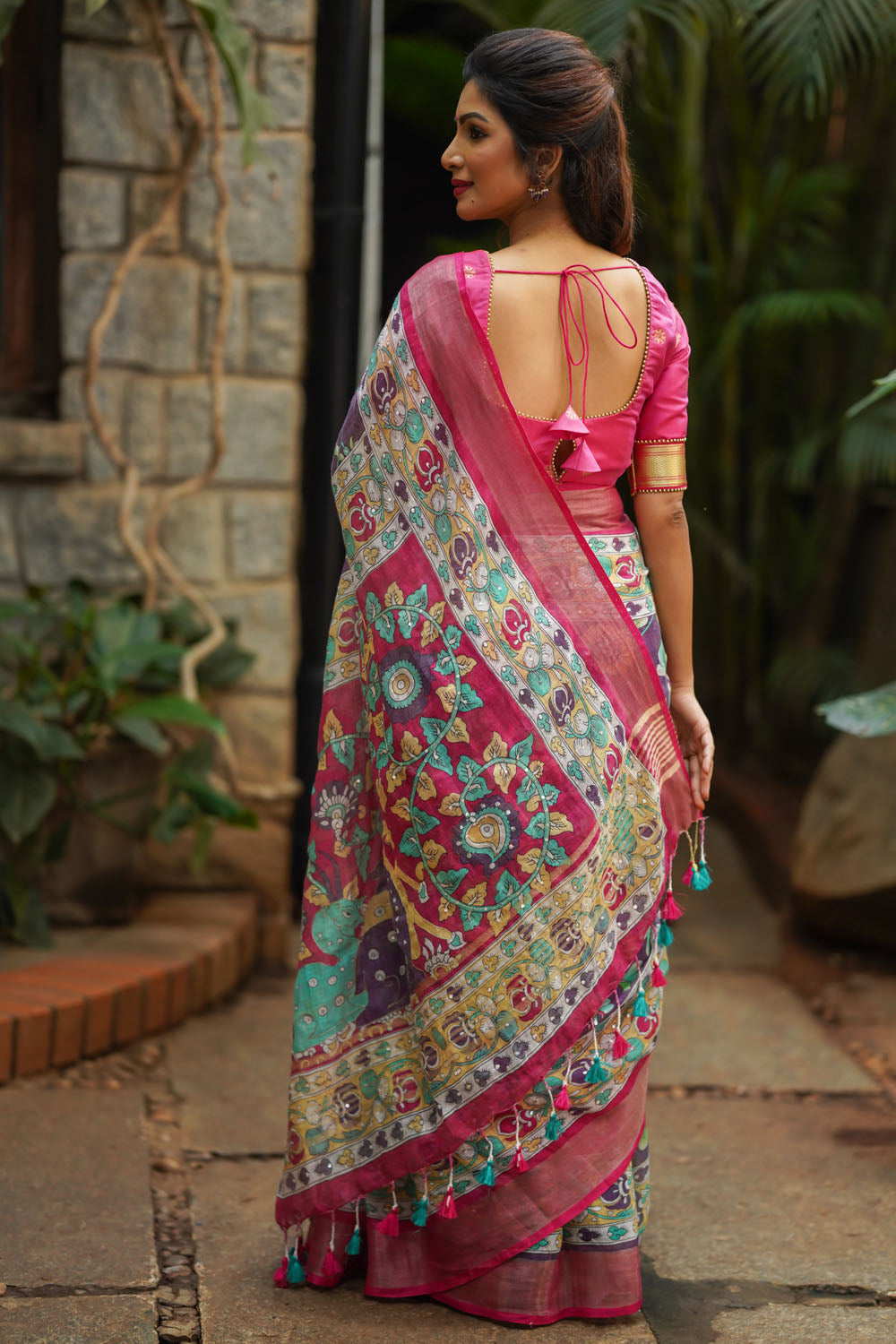 Dusty Linen By Linen Saree with Distressed Look Kalamkari Digital Print and Hand Sequin work