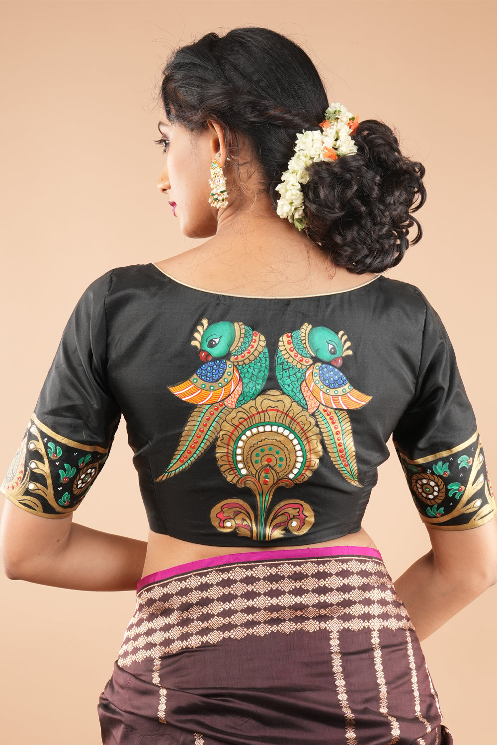 Tanjore Parrots - pure Silk blouse with Tanjore Style Hand painting, Color Customizable.