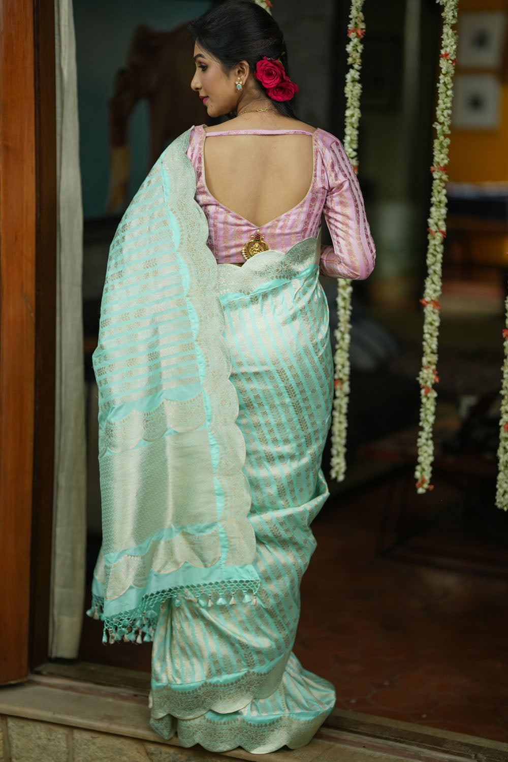 Unique Scalloped Borders Pure Brocade Banarasi Katan Silk Saree in Pastel Sea Green | SILK MARK CERTIFIED