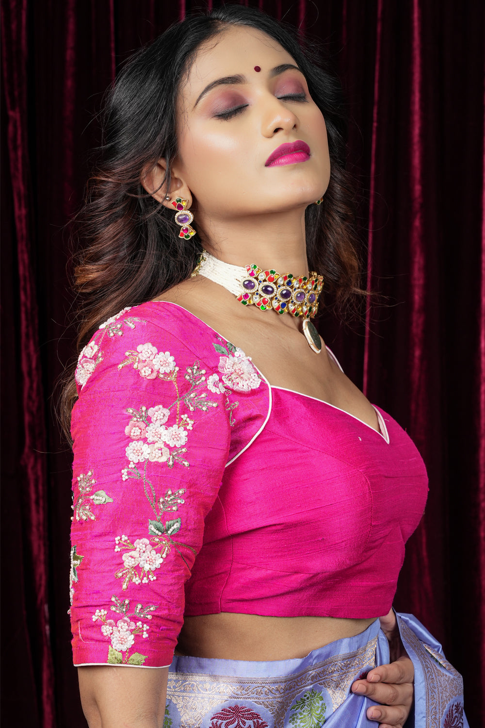 Pure Raw Silk blouse with Exquisite Moti and floral embroidery in Rani Pink
