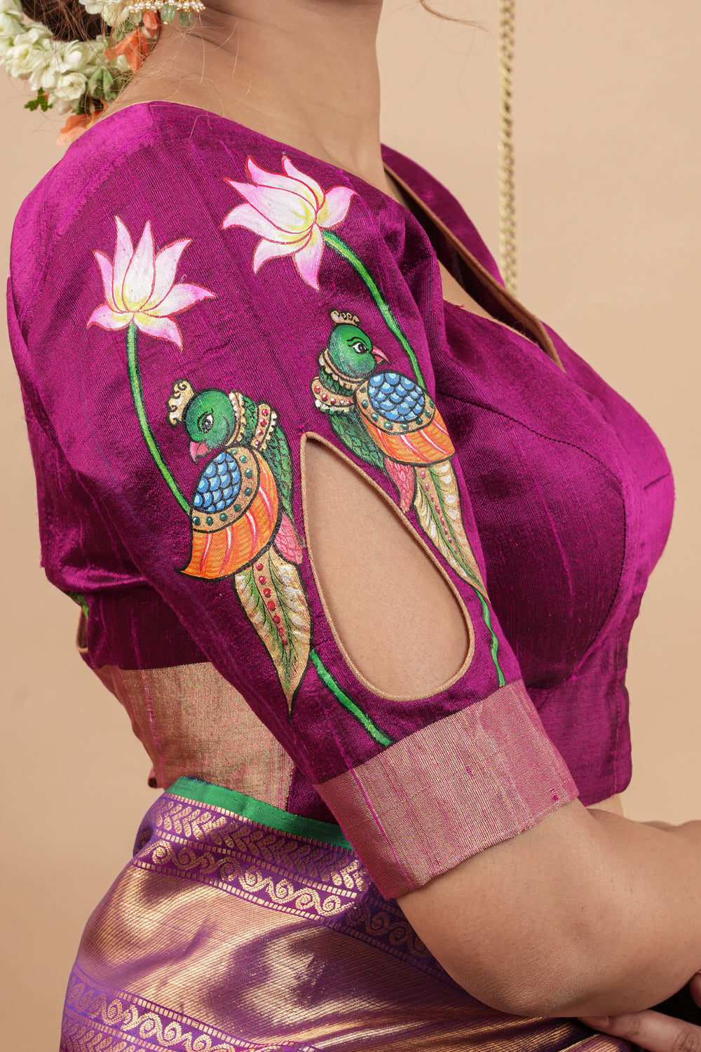 Tanjore Parrots - Pure Raw silk blouse with Handpainting and cutout design, Made to Order