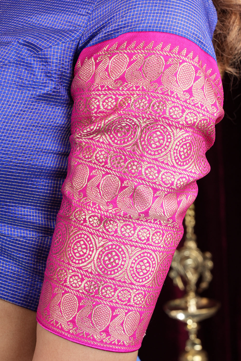 Blue Pure Kanjivaram Silk with Zari checks Blouse with crew neck and stylish back cutout design, Made to Order