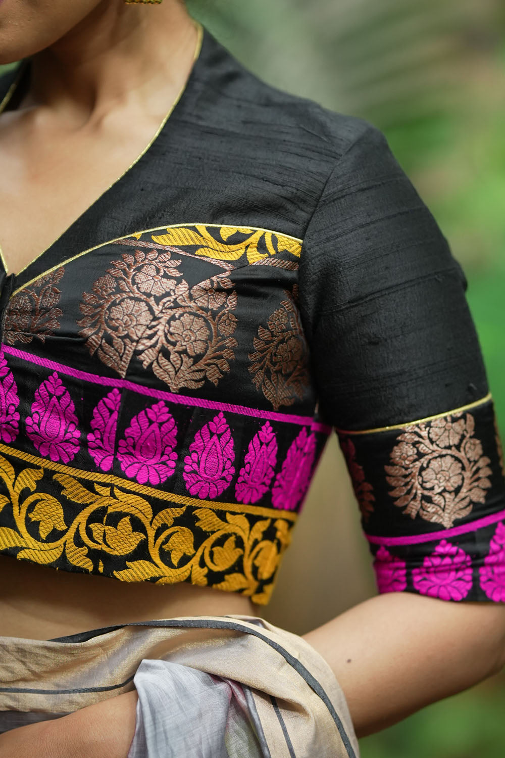 Black Pure Raw Silk with Meenakari Brocade Border V Neck Blouse, Made to Order