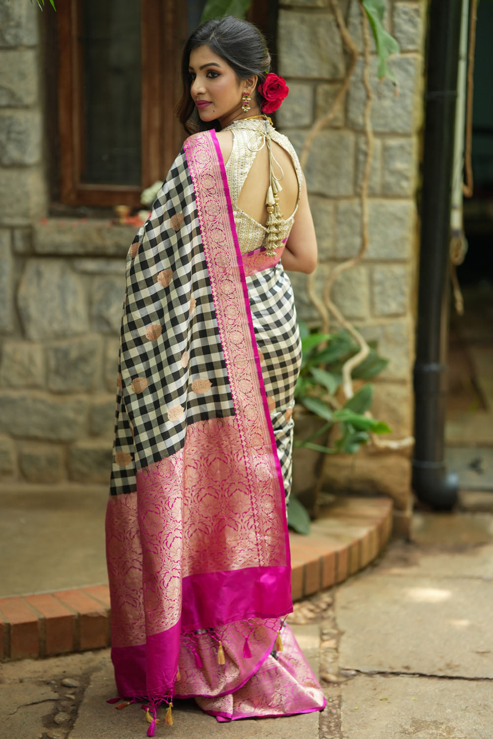 Pure Katan Silk Banarasi Saree in Black and White Checks with Contrasting Pink Borders | SILK MARK CERTIFIED