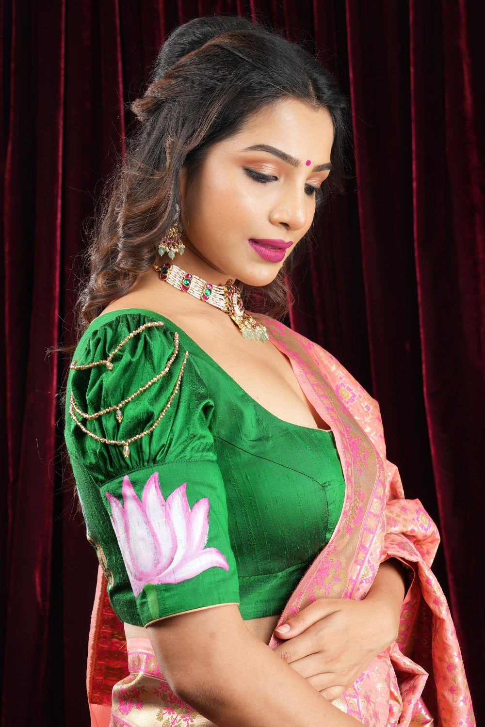 Exquisite Lakshmi Handpainted Blouse on Green Pure Raw Silk with Puff Sleeves and Crystal detailing