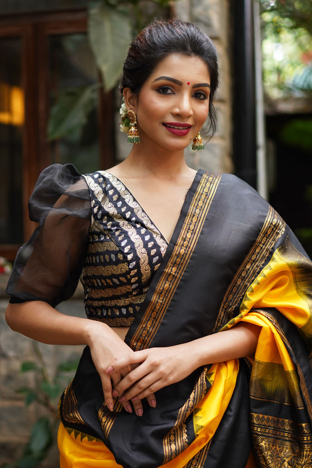 Black Brocade Blouse with Organza Puff Sleeves Mix and Match Blouse for saree, Made to Order