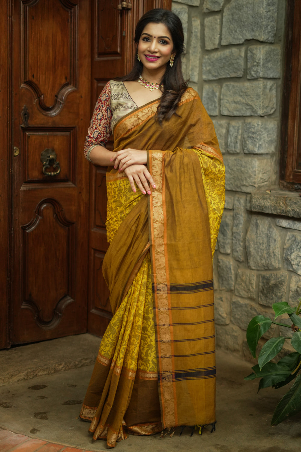 Methi yellow and brown chettinad cotton saree