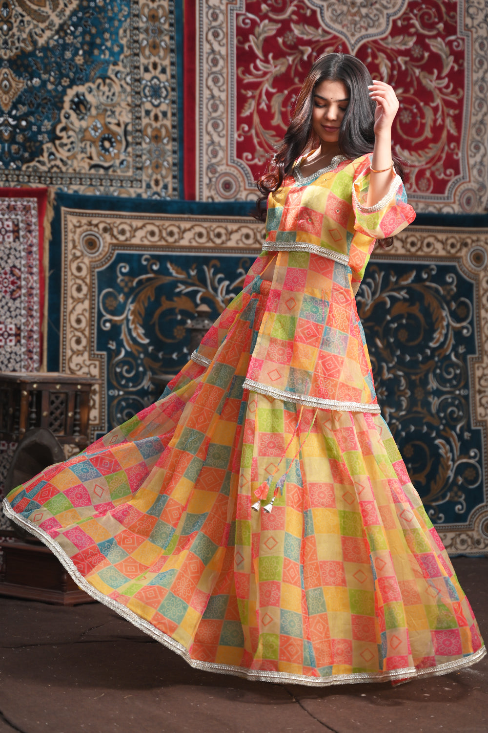 Multicolor Ruksaar Peplum Blouse and Lehenga Skirt 2 PIece set with lace border detail | Made To Order