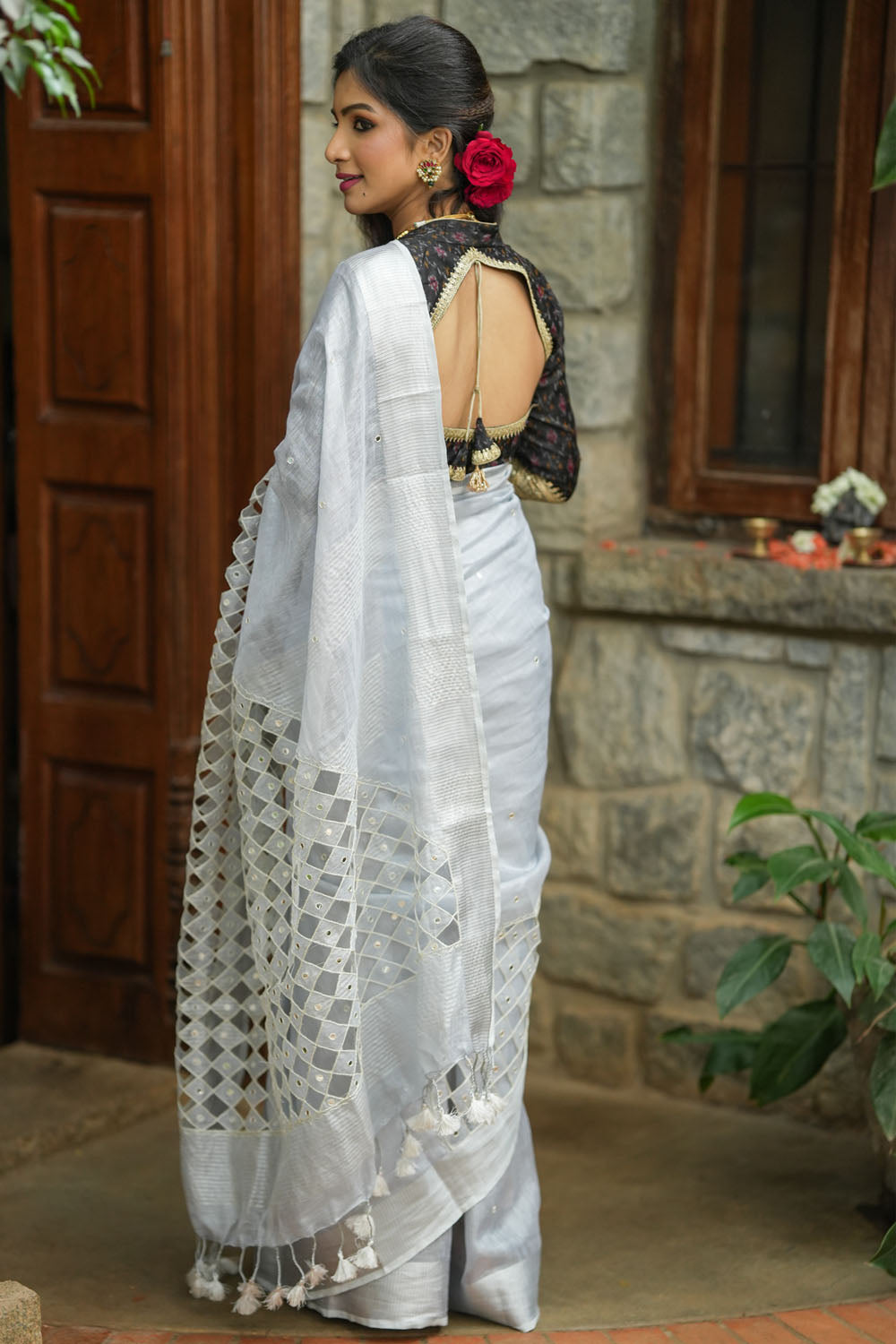 Cutwork and Mirror Work Tissue Linen Saree in White Silver