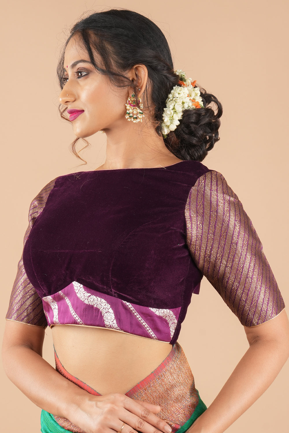 Plum Velvet and  Brocade blouse with  Boat neck and double tie up tassel at the back