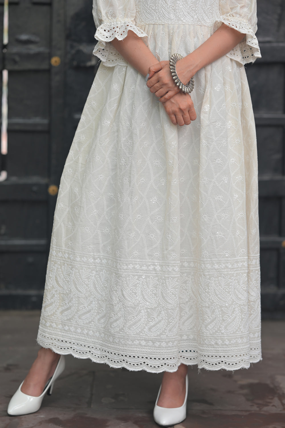 Sea Shell Chikankari Style Dress with Puff Sleeves and Eyelet Border | Made To Order