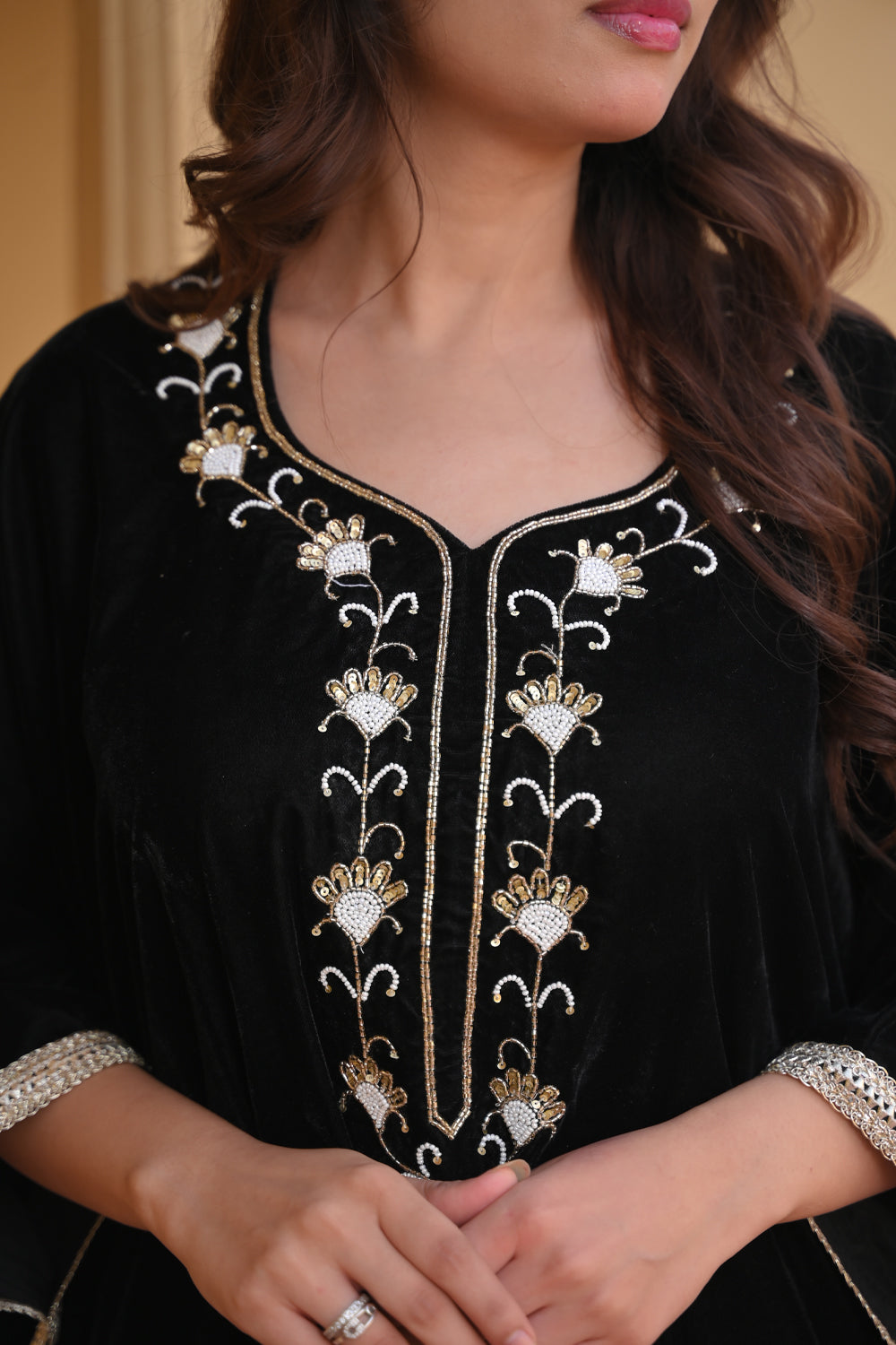 Zeenat Velvet Kaftan with lace border detailing in Black | Made To Order