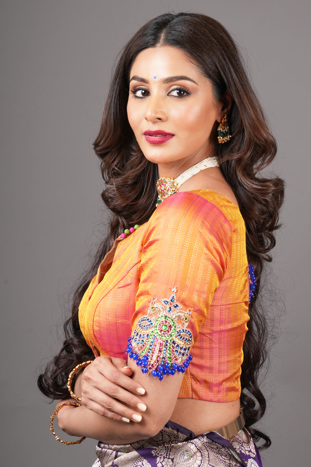 Kesari Mustard Pure Kanjivaram silk blouse with Berunda Hand Kundanwork , Made to Order