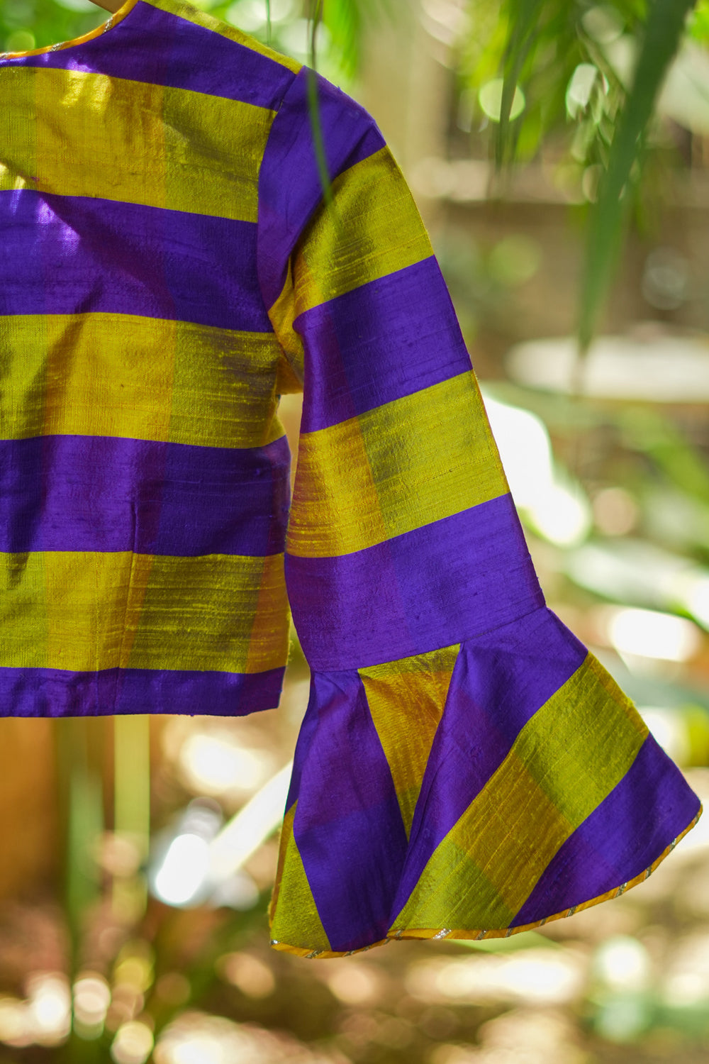 Yellow purple bold stripes design pure raw silk V neck blouse with bell sleeves