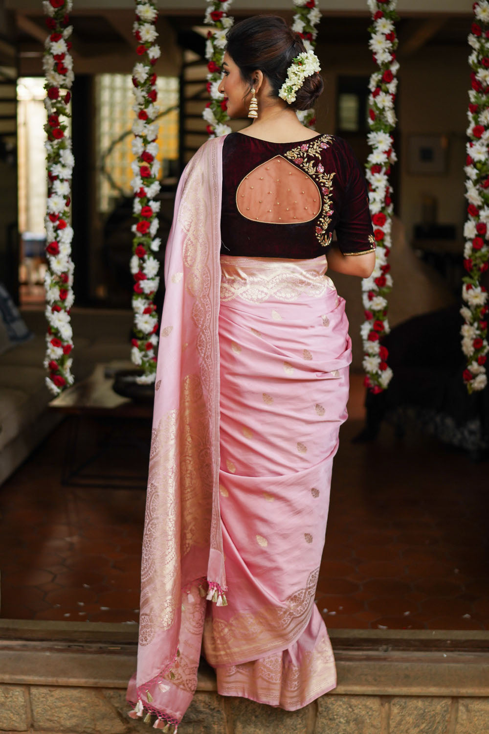 Banarasi Mashru Silk Saree in Pink & Gold with Zari Buttas & Scalloped border | SILK MARK CERTIFIED