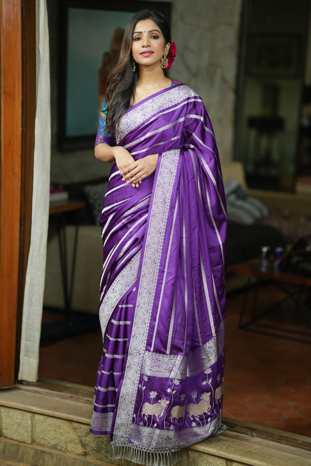 Purple viscose Satin Saree With Silver Zari Stripes and Pichwai Pallu