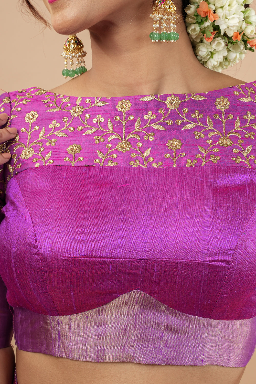 Pure Raw Silk Blouse in Purple with golden Jaal embroidered Yoke,Made to Order