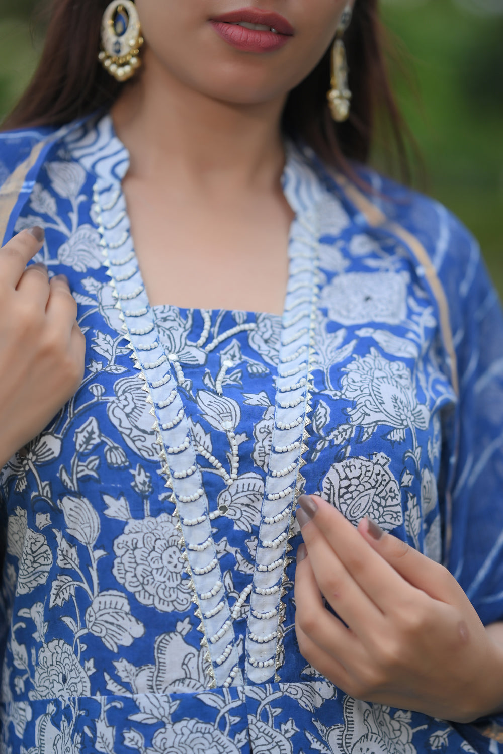 Leheriya Blue Peony Suit with Kota Doria Dupatta 3 Piece Set| Made To Order