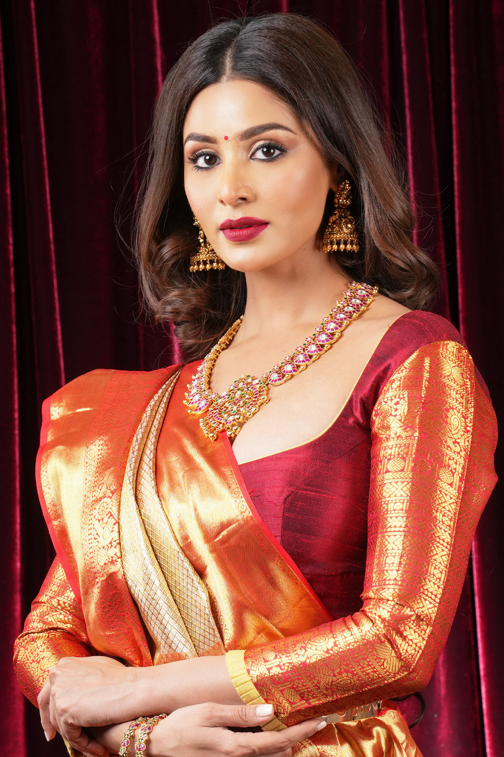 Maroon raw silk deep U neck blouse with kanjivaram zari sleeves