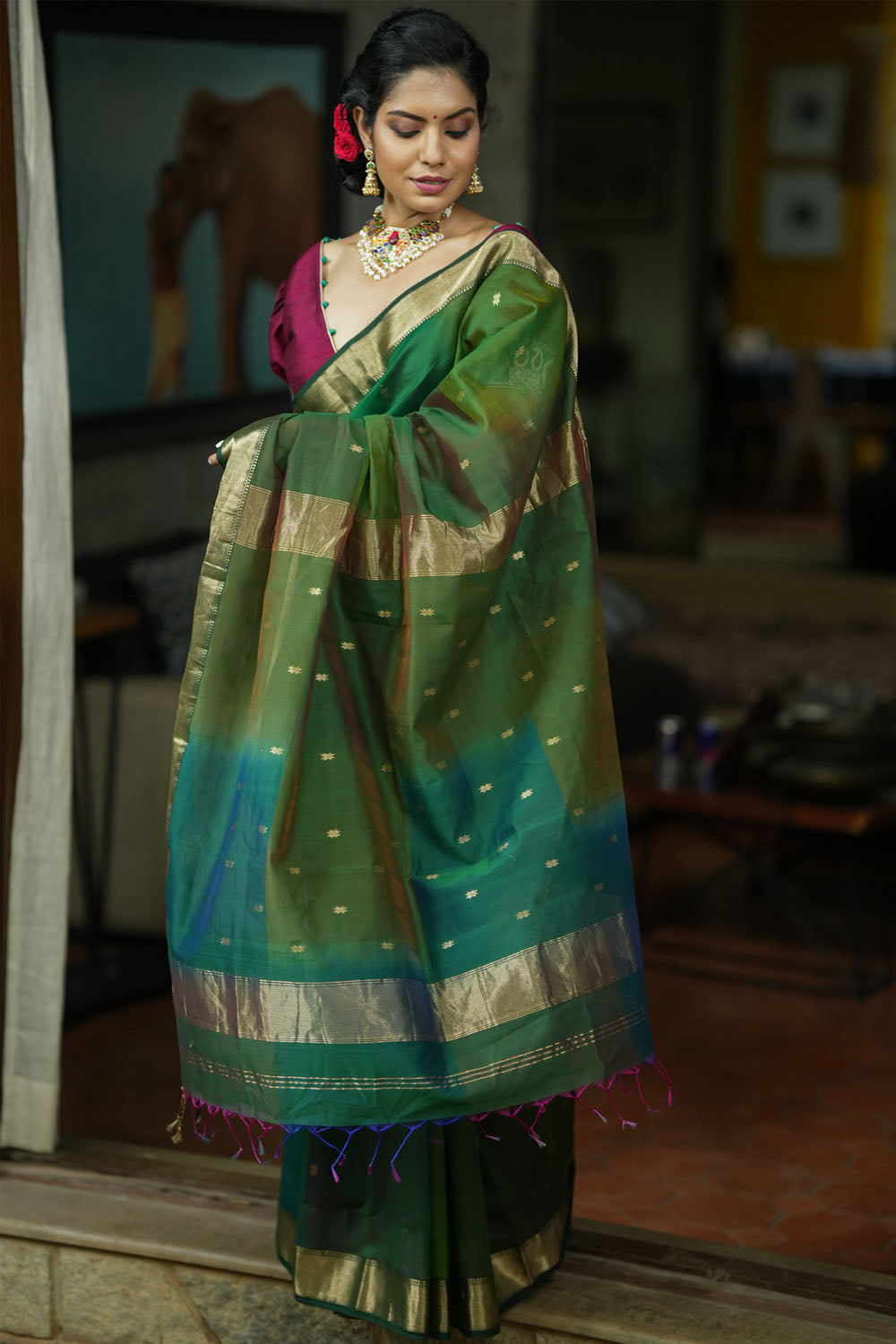 Green Handwoven zari Maheshwari Silk Cotton Saree in Multicolor with Checks Pattern