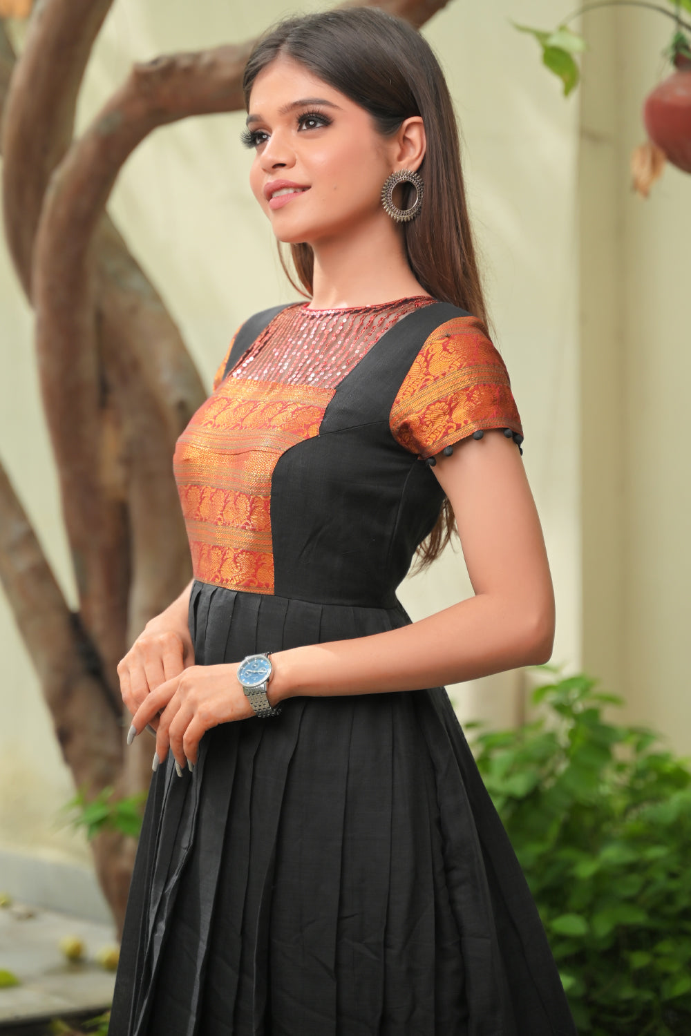 Kajal - Black, Red and Gold Narayanpet Cotton Gown with Wide Zari border and sequin Yoke handwork | Made To Order