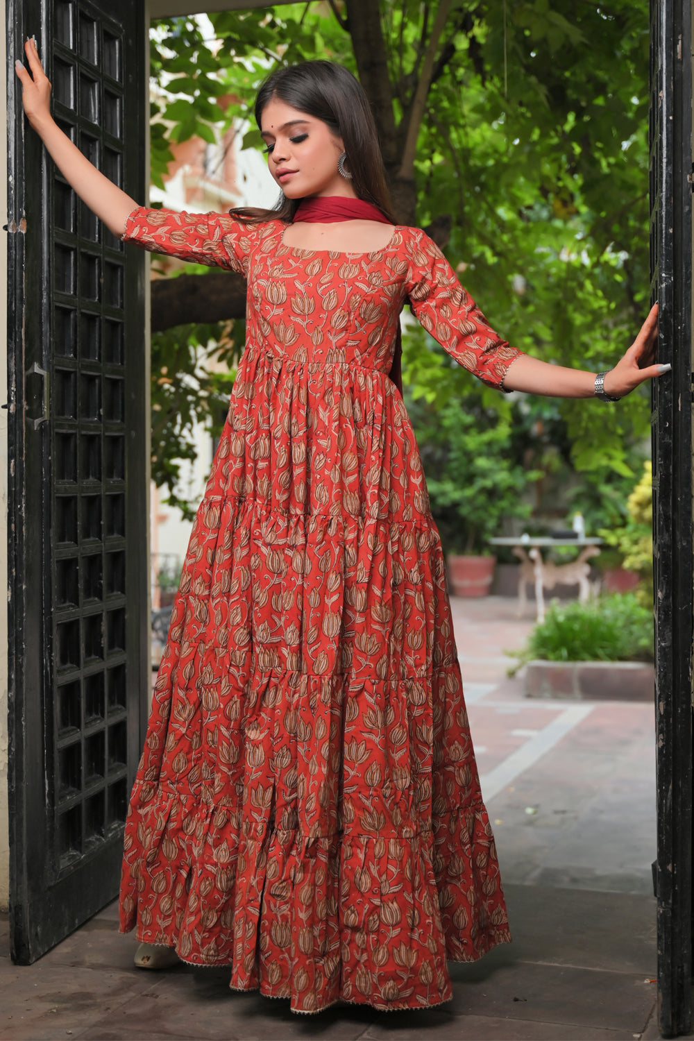 Radhika - 3 piece Tiered Anarkali in Terracotta Red Hand Block Print Mul Cotton, Leggins included | Made To Order