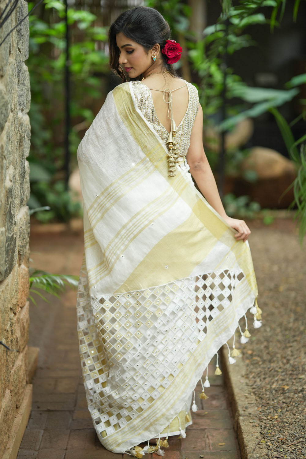 Cutwork and Mirror Work Linen  Saree in Chalk White