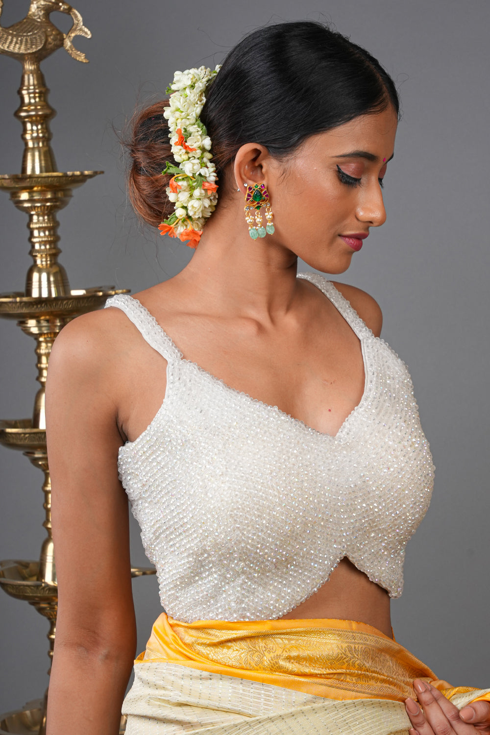 Moti Jadau Blouse with White translucent beads, Stappy Blouse, Made to Order