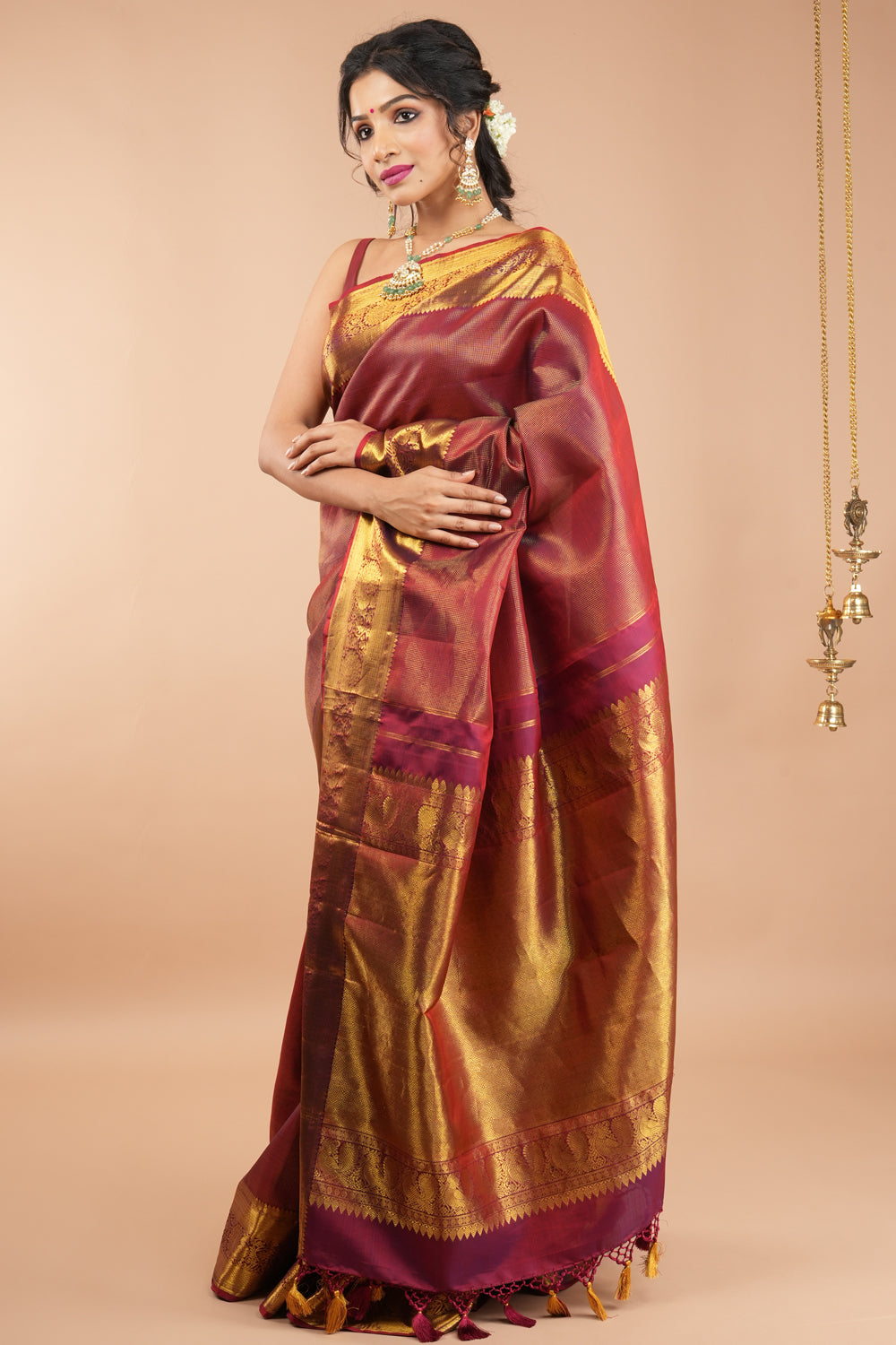 Shimmering Celebrity Special Zari Checks Pure Silk Kanjivaram Pure Silk Saree in Dark red | SILK MARK CERTIFIED